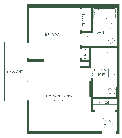 Floor plan for studio, 1 bath, 500 sqft